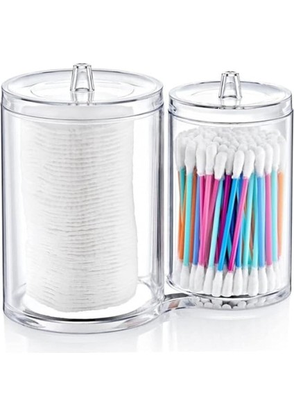 Akrilik Yuvarlak 2 Bölmeli Makyaj Pamuğu ve Kulak Çubuğu Organizeri, 2'li Pamuk Organizeri