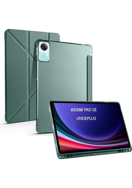 Redmi Pad Se 11INÇ ile Uyumlu Kılıf Kalem Bölmeli Trifolding Case Koyu Yeşil