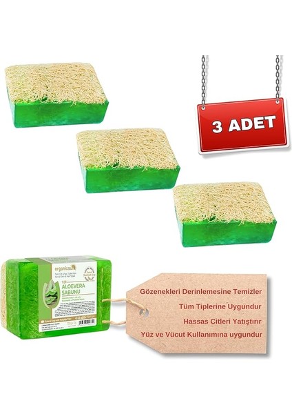 Doğal Kabak Lifli Aloe Vera Sabunu 120 gr x 3 Adet Tüm Cilt Tipleri Için B ve E Vitaminli