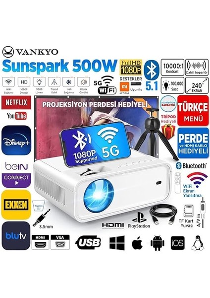 Sunspark 500W 5g Wi-Fi + 5.1 Bluetooth 1080P Destekli Projeksiyon Cihazi - LCD LED - 240 Inç Yansitma - Dahili Hoparlör - Tv Stick/ps5/hdmı/usb/vga/av fiyatları