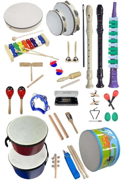 Örf Aletleri Seti Overmuch Paket-1 Marakas Zil Üçgen Ksilofon Melodika Mızıka Davul Flüt (26 Parça)