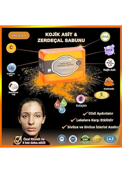 Kojik Asit &amp; Zerdeçal Sabunu 140 gr Leke ve Sivilce Karşıtı Kojic Acid - Kolajen - Aha Bha - C Vitamini - Hyaluronic Acid - Shea Butter Yağı Içerikli Aydınlatıcı Sabun fiyatları