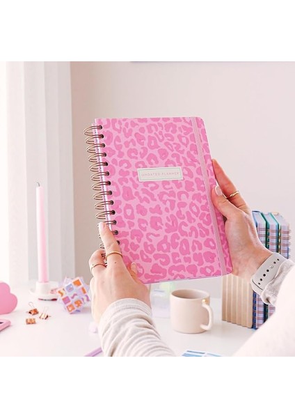 A5 Spiralli Süresiz Renkli Planlayıcı Ajanda Motivasyon Sayfalı Pembe Leopar