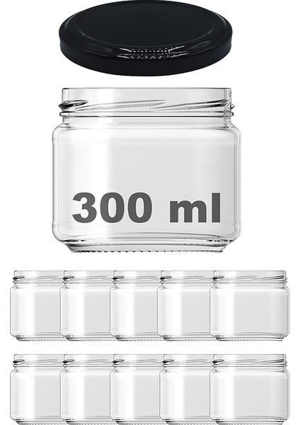 300 ml Metal Siyah Kapaklı Şeffaf Cam Kavanoz 10 Adet