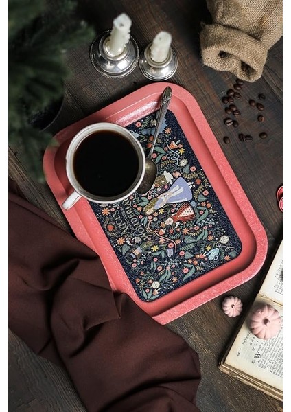 Alices Desenli Metal Tepsi - Çay Kahve Tepsisi - Sunum Tepsisi 23 cm x 31 cm (Tales Alices)