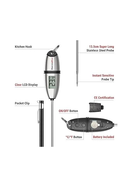 TP02S 5 Saniyede Anında Okuma Mutfak Termometresi Dijital Gıda Termometreleri Uzun Problu Et Barbekü Gıda Sıvıları Yağ Su fırsatları