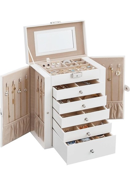 Mücevher Kutusu, 6 Seviyeli Büyük Mücevher Kutusu, Menteşeli Yan Kapılı Mücevher Kutusu, Çekmeceler, Ayna ve Kilit, Yüzükler, Küpeler Için, Beyaz JBC152W01