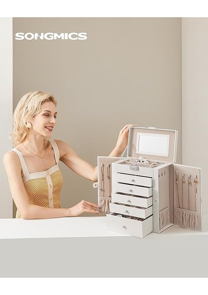 Mücevher Kutusu, 6 Seviyeli Büyük Mücevher Kutusu, Menteşeli Yan Kapılı Mücevher Kutusu, Çekmeceler, Ayna ve Kilit, Yüzükler, Küpeler Için, Beyaz JBC152W01 fiyatları