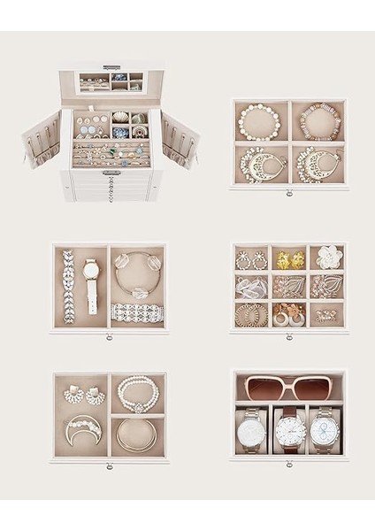 Mücevher Kutusu, 6 Seviyeli Büyük Mücevher Kutusu, Menteşeli Yan Kapılı Mücevher Kutusu, Çekmeceler, Ayna ve Kilit, Yüzükler, Küpeler Için, Beyaz JBC152W01 modelleri