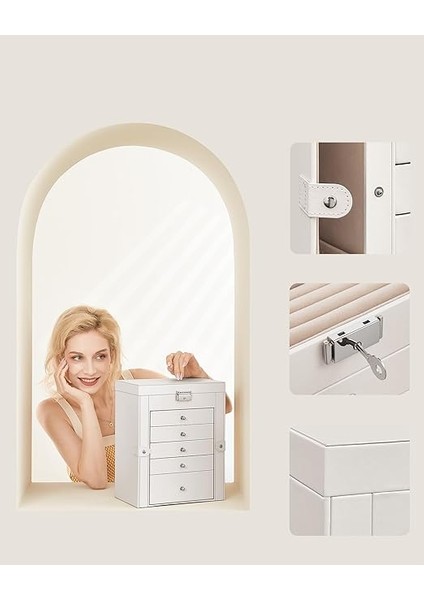 Mücevher Kutusu, 6 Seviyeli Büyük Mücevher Kutusu, Menteşeli Yan Kapılı Mücevher Kutusu, Çekmeceler, Ayna ve Kilit, Yüzükler, Küpeler Için, Beyaz JBC152W01 indirimleri