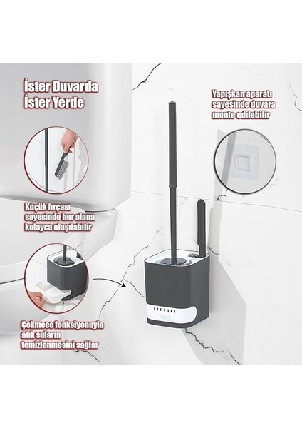 2027 Pratik Temizlik Tuvalet Fırçalığı Banyo Tuvalet Fırçası Wc Fırçası - Antrasit Beyaz fiyatları