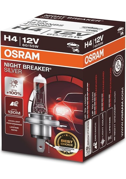 Ampul Night Breaker Laser H4 12V 60/55W%100'YE Kadar Fazla Işık 130M'YE Kadar Fazla Görüş Açısı 64193NBS
