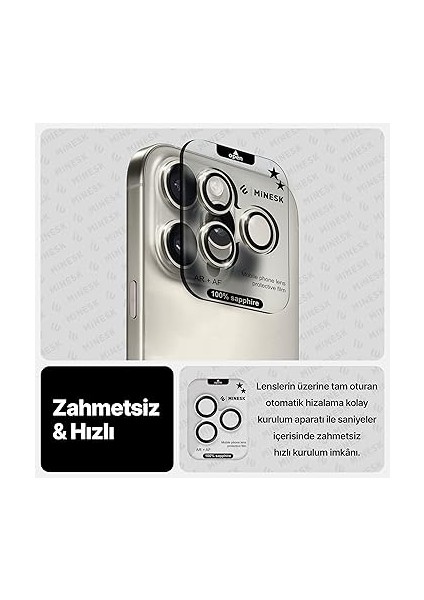 iPhone 15 Pro / 15 Pro Max ile Uyumlu Orijinal Safir Cam (%99.9 Saflıkta Gerçek Safir) Cihazın Kendi Lensleri ile Aynı Materyal Lens Koruyucu Kamera Camı (Titanyum) modelleri