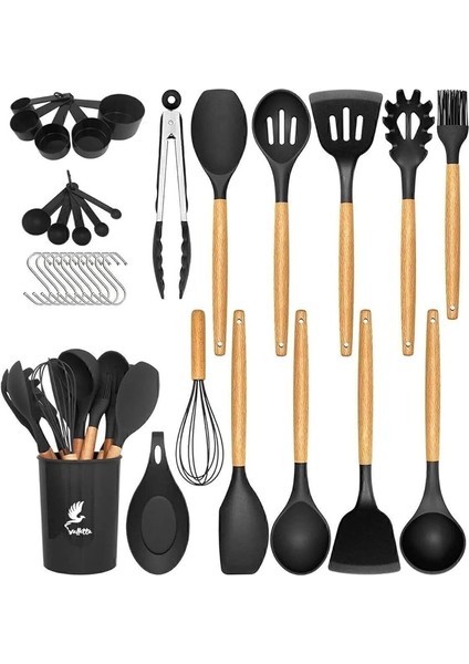 Mikla Isıya Dayanıklı Yanmaz Yapışmaz 33 Parça Silikon Spatula Mutfak Seti Siyah