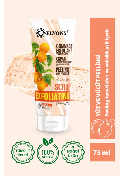 Scrub, Kayısı Parçacıklı Yüz ve Vücut Peeling, Malic Asit, Glikolik Asit, Ölü Hücre Temizleme 75ML