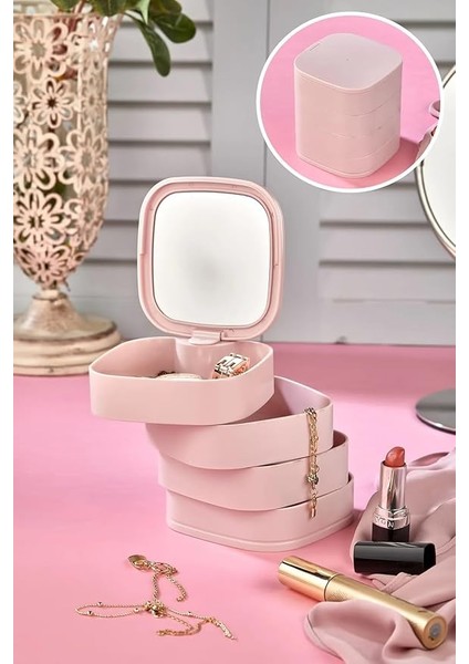 Aynalı 4 Katlı Kare Takı ve Makyaj Organizeri