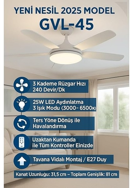 Vantilatörü LED Ampul 81 cm Büyük Boy 3 Kademe Fan 3 Işık Modu Kumandalı E27 Uyumlu fiyatları