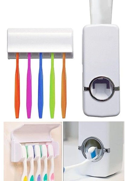 Otamatik Diş Macunu Sıkacağı ve 5 Adet Diş Fırçalığı Macun Sıkacak Diş Fırçası Banyo Askı Seti fırsatları