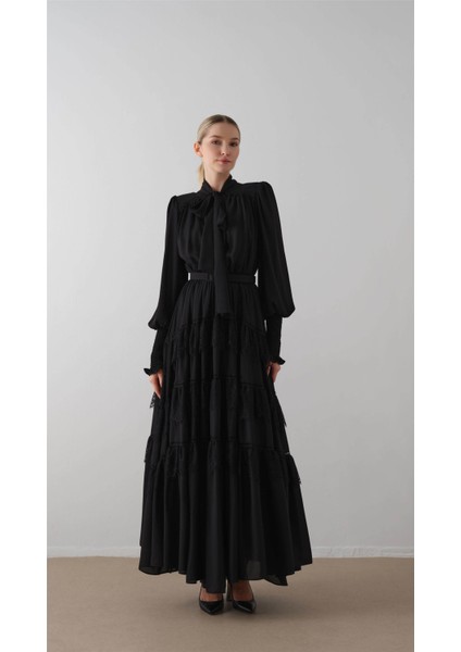 Eteği Kat Kat Büzgülü Uzun Elbise Siyah indirimleri
