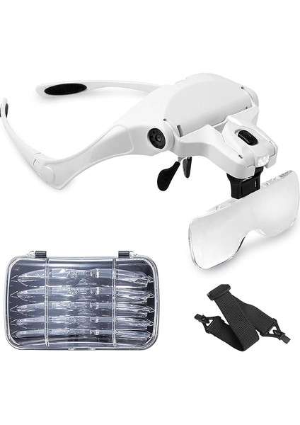 Kafa Bandı Büyüteç Gözlüğü, LED Işıklı, Eller Serbest Arama, Kuyumcu, Saatçi Hobi, 5 Lens, 1.0x 1.5x 2.0x 2.5x 3.5x (Tekrar Kullanılabilir)