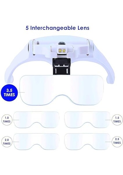 Kafa Bandı Büyüteç Gözlüğü, LED Işıklı, Eller Serbest Arama, Kuyumcu, Saatçi Hobi, 5 Lens, 1.0x 1.5x 2.0x 2.5x 3.5x (Tekrar Kullanılabilir) indirimleri