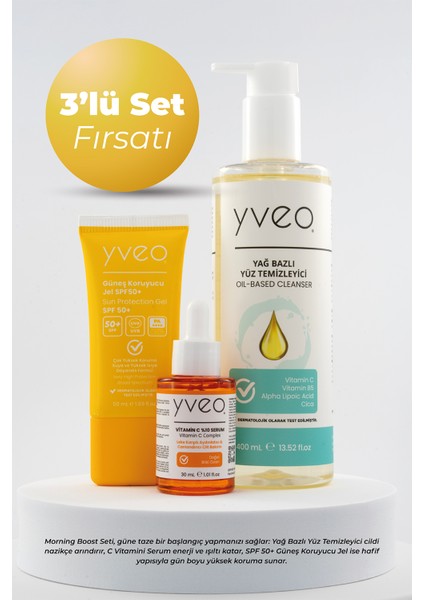 Morning Boost 3 Lü Set – Güneş Jeli, Yüz Temizleme Yağı, C Vitamini
