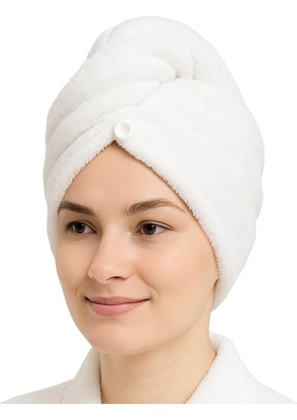 Saç Havlusu Peluş Kumaş Hızlı Kuruma Düğmeli Asılabilir Hafif Banyo Bonesi Yıkanabilir Beyaz 40X50CM