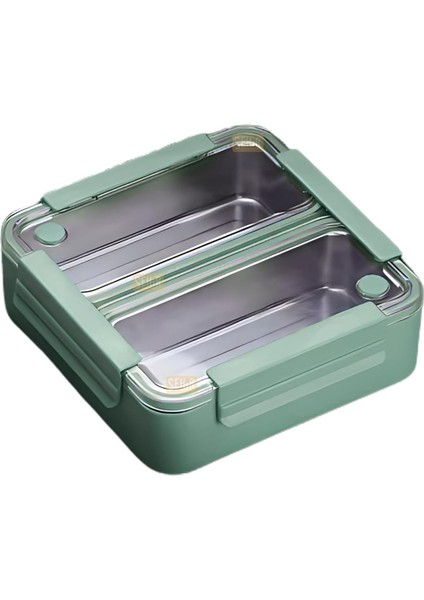 Bento 1100ML Lunchbox Tek Katlı 2 Bölmeli Paslanmaz Çelik Sefer Tası Yemek Kutusu (Yeşil)