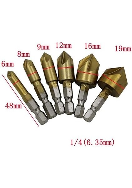 Yiv Açma Aleti 6 Adet Hss Matkap Ucu Seti 90° 6, 8, 9, 12, 16, 19 mm Havşa Uçları modelleri