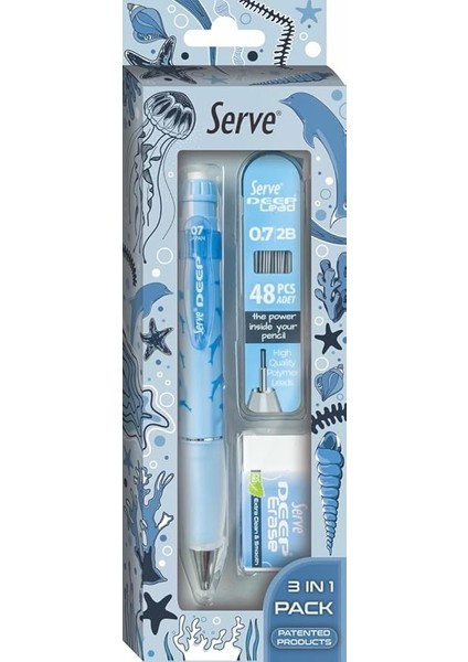 Doğa Desenli Deep Kalem, Deep Silgi ve Deep Min, 0.7 Mm, Gök Mavi