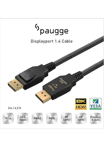 V1.4 Vesa Displayport Sertifikalı 32.40 Gbps Bandwith Hbr3 8k 60Hz, 4K 144Hz, 4K 120Hz, 4K 60Hz, 2k 240Hz, 2k 165Hz, 1080P 240Hz Destekli Hdr, Freesync, G-Sync Displayport Kablo fiyatları