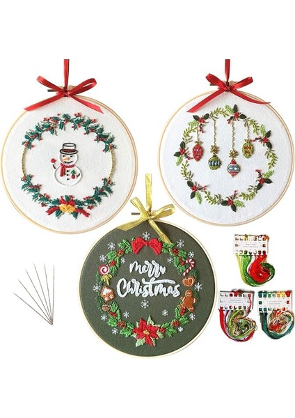 Noel Desenli Nakış Başlangıç Seti, Yeni Başlayanlar Için Çapraz Dikiş, 3 Desen, 1 Çember ve Renkli Iplikler ile Tam Damgalı Set (Noel 2)