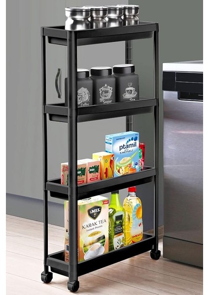 Home Tekerlekli Raf Ünitesi 4 Katlı Mutfak Rafı Banyo Rafı Banyo Düzenleyici Dar Alan Organizer Siyah