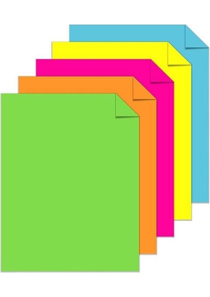 Neon Fosforlu Renkli A4 Fotokopi Kağıdı 100 Lü 1 Paket 100 Adet Fosforlu 5 Renk Parlak Canlı Renkler Fotokopi Kağıdı