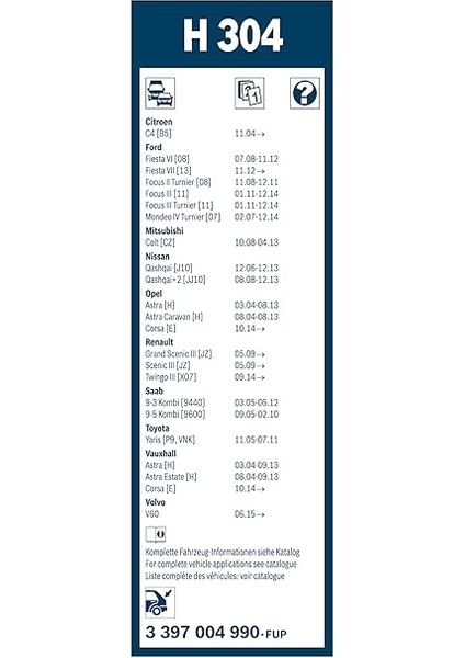 Rear Arka Silecek Nissan Qashqai (2007-2014), Ds Auto Ds7 (2018-2021), Opel Corsa E (2015-2019) [300 Mm] H304 3397004990 modelleri