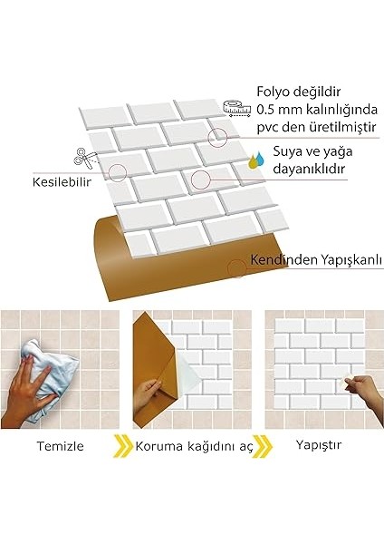 Kendinden Yapışkanlı Metro Karo Desenli Pvc Karo, Yapışkanlı Fayans Kaplama, Fayans Çıkartması, Zemin Duvar Karosu 30X30 cm (4 Adet / 0,36 M²) modelleri