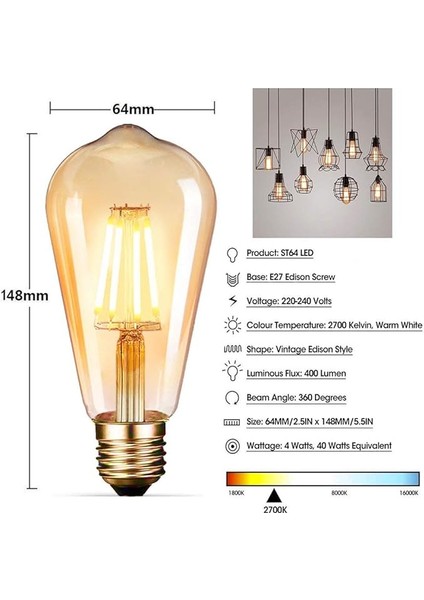 Edison Vintage LED Ampul E27 (4W/220V) 2600-2700 K Retro Antik, Kehribar Sıcak, 6'lı Paket modelleri