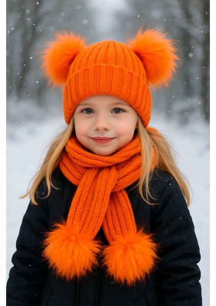 Kız Bebek Çift Ponponlu Atkı Bere Takımı 4/14 yaş