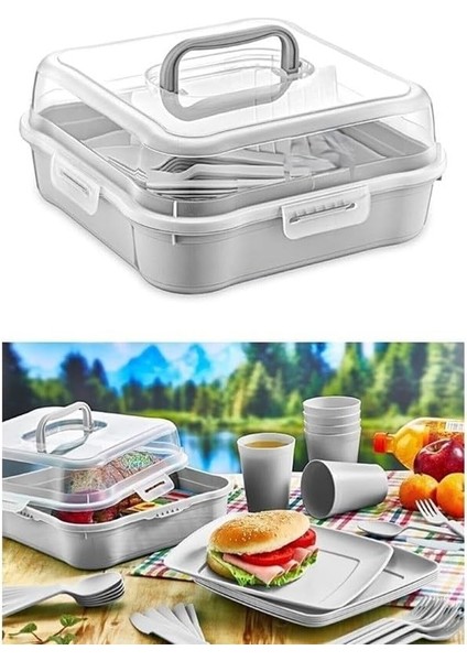 Home 32 Parça Plastik Piknik Seti, Tabak, Çatal, Kaşık, Bıçak, Bardak, Kamp ve Piknik Için Taşıma Kutulu, Dayanıklı ve Renkli, Açık Hava Etkinlikleri Için Ideal fiyatları