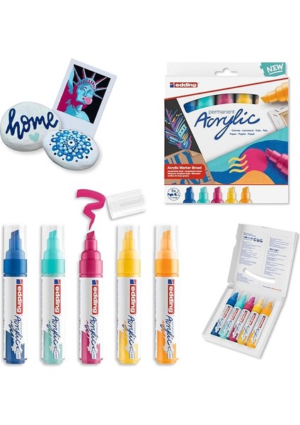 5000 Akrilik Işaretleyici Geniş - Çok Renkli - Akrilik Boya Işaretleyicileri 5'li Paket (Soyut) - 5-10 mm Keski Ucu - Tuval Üzerine Boyama Için Akrilik Işaretleyici, Ahşap