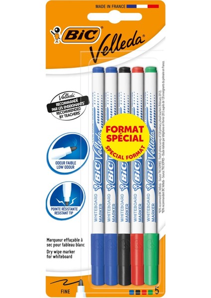 Velleda 1721 Çocuk Beyaz Tahta Kalemi 5'li Blister, Mavi, Siyah,kırmızı ve Yeşil Renk, Kolay Silinebilir