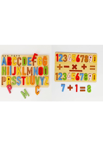 Zeka Ahşap Bultak 2'si Birarada Set Alfabe Harfler ve Matematik Sayılar Işlemler Eğitici Puzzle Oyuncağı