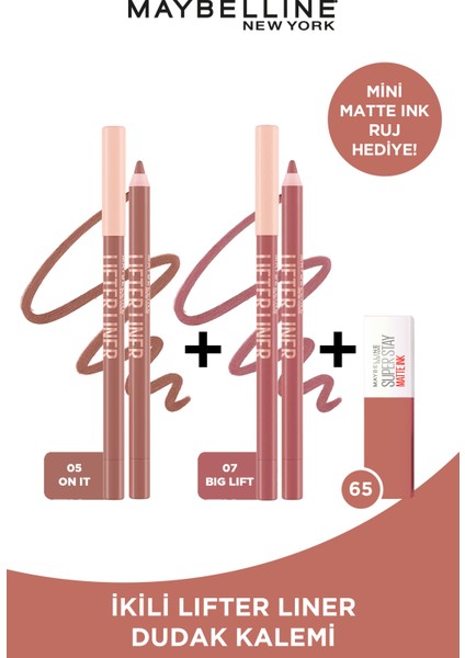 Lifter Nude Tonlu Dudak Dudak Kalemi- 05 On It On It + Lifter Liner Pembe Tonlu Dudak Kalemi- 07 Big Lift + Mini Matte Ink Seductress Maskara Hediyeli