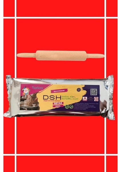 Doğal Seramik Hamuru Seramik Hamuru Başlangıç Seti 1 - Ahşap Merdaneli (1000 gr - 1kg Beyaz Renk Doğal Kil) Beyaz