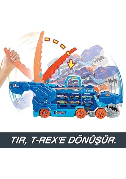 Wheels Şehri Ultimate T-Rex Tır, T-Rex'e Dönüşür, Yarış Pisti Içerir, Işıklı ve Sesli, 20+ 1:64 Ölçekli Araba Için Depolama Alanı, HNG50 fırsatları