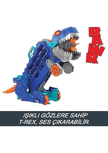 Wheels Şehri Ultimate T-Rex Tır, T-Rex'e Dönüşür, Yarış Pisti Içerir, Işıklı ve Sesli, 20+ 1:64 Ölçekli Araba Için Depolama Alanı, HNG50 indirimleri