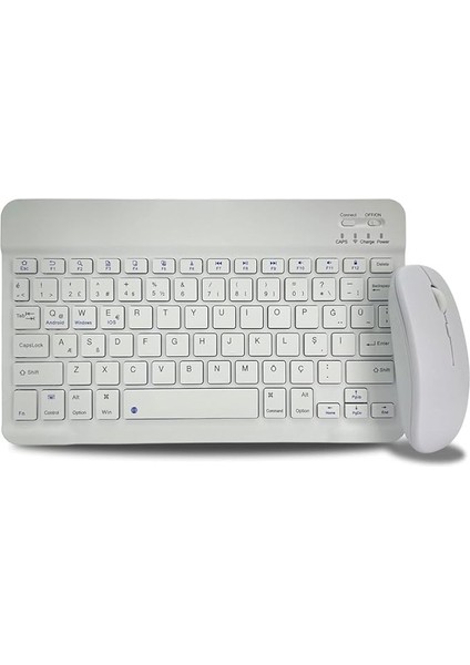 Bluetooth Kablosuz Türkçe Klavye ve Fare ile Mini Şarj Edilebilir Alüminyum Alışım Bluetooth Mouse Süper Hafif Taşınabillir Bluetooth Eşleştirmeli Midi Klavye 25CM x 15CM 2 Renk Seçeneği (Beyaz)
