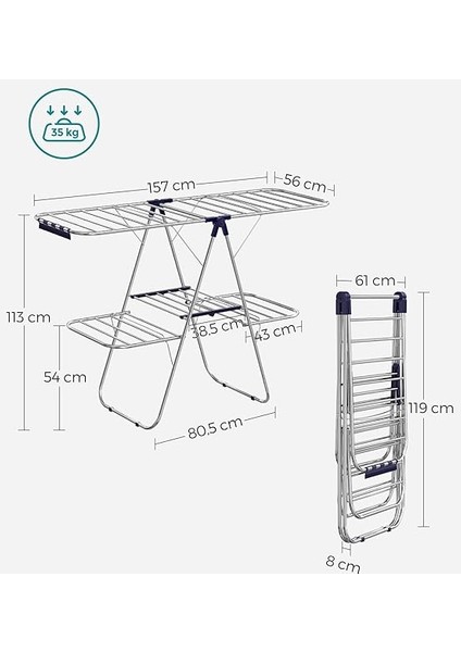 2 Katlı Paslanmaz Çelik Çamaşır Kurutma Askısı, Yüksekliği Ayarlanabilir Kanatlı, Ayaklı, Katlanabilir, Mavi LLR53BU, 156 x 61 x 113 cm modelleri