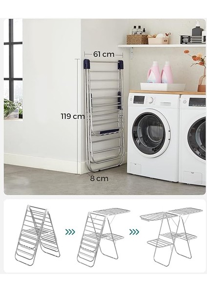2 Katlı Paslanmaz Çelik Çamaşır Kurutma Askısı, Yüksekliği Ayarlanabilir Kanatlı, Ayaklı, Katlanabilir, Mavi LLR53BU, 156 x 61 x 113 cm fırsatları