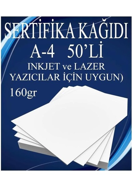 Sertifika Kağıdı Kalın 50 Adet Gramajlı Fotokopi Kağıdı 160 gr Tüm Yazıcılara Uyumlu 21X29.7 cm Kalın Baskı Kağıdı